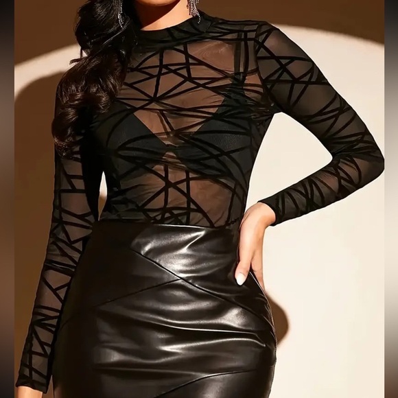 Black Mesh Mock Neck Long Sleeve Top - Picture 5 of 6